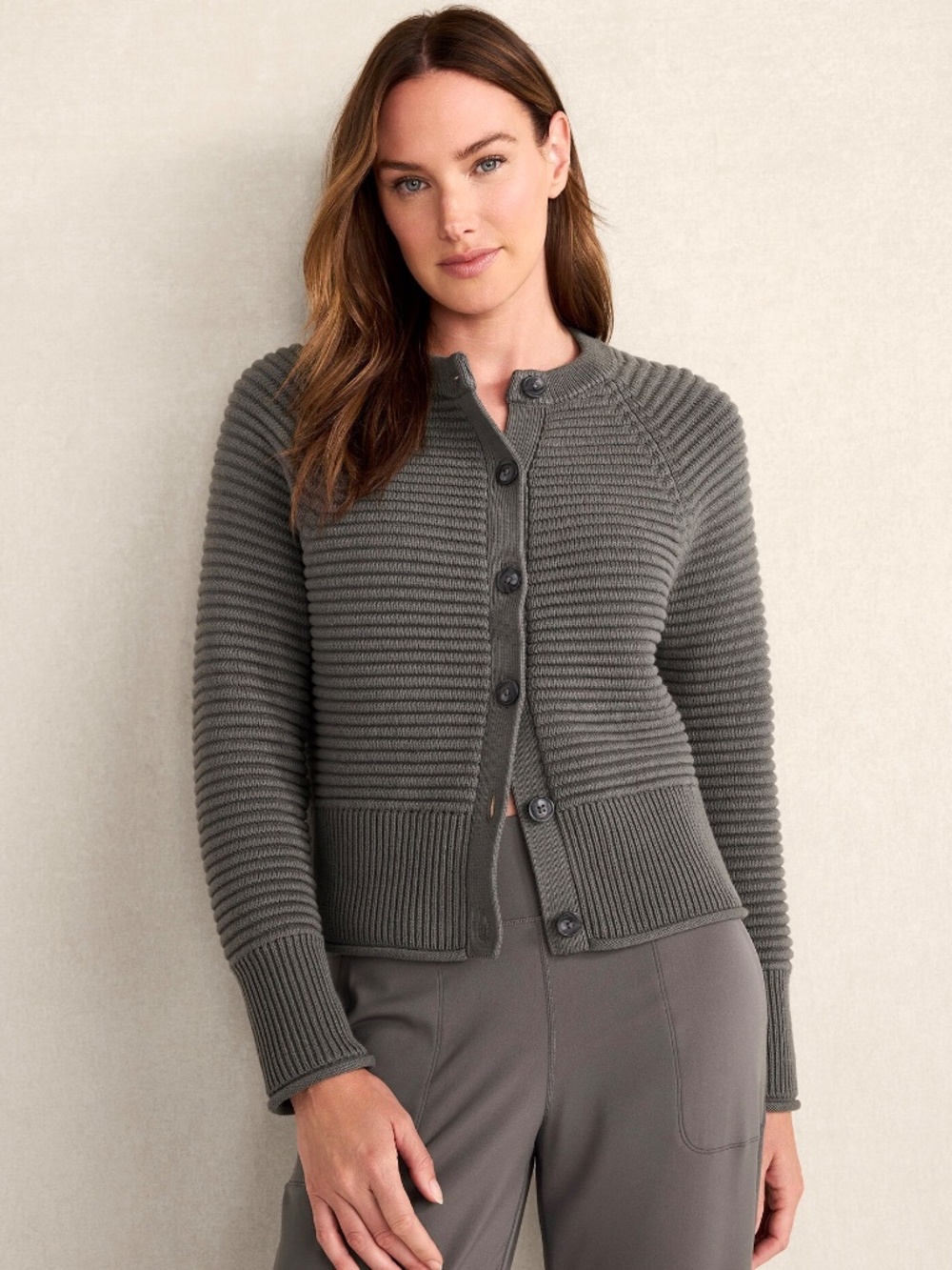 HAVEN Well Within Organic Cotton Horizontal Rib Cropped Cardigan in Gray - L